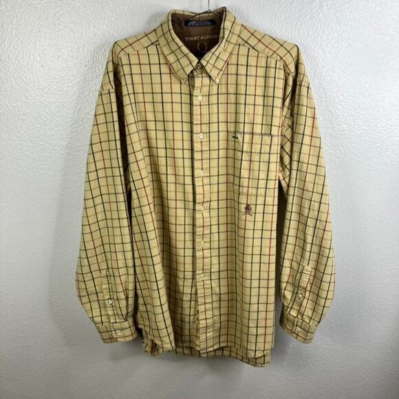 Vintage Tommy Hilfiger Flannel Plaid Button Down Sz XL Mustard Yellow 90s Grunge - Picture 1 of 12